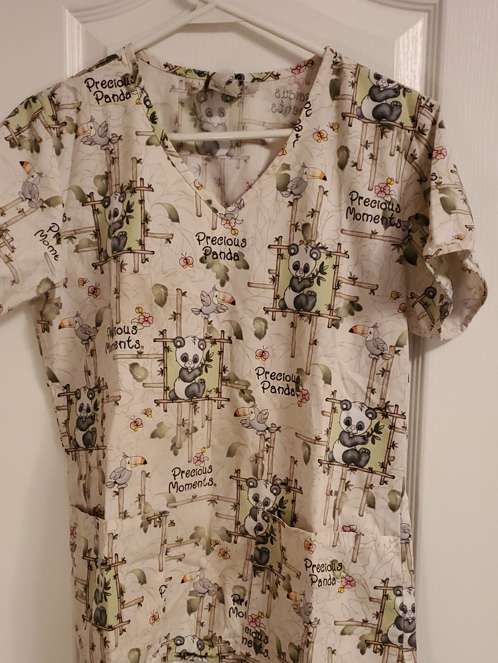 Precious Moments White Panda Print V-Neck Scrub Top